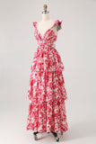 Blue Floral A-Line Deep V Neck Tiered Print Maxi Dress with Ruffles