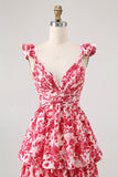 Blue Floral A-Line Deep V Neck Tiered Print Maxi Dress with Ruffles