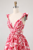 Blue Floral A-Line Deep V Neck Tiered Print Maxi Dress with Ruffles