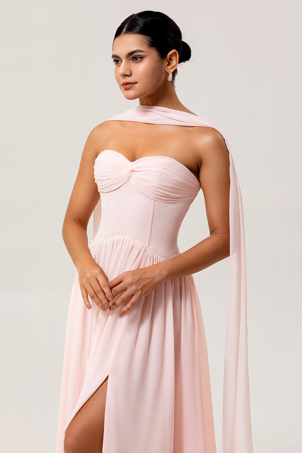 WEDTREND Women Blush Strapless Long Bridesmaid Dress with Slit A-Line Ruched Corset Chiffon Convertible Wedding Guest Dress with Streamer Wedtrend UK WEDTREND Women Blush Strapless Long Bridesmaid Dress with Slit A-Line Ruched Corset Chiffon Convertible Wedding Guest Dress with Streamer Wedtrend UK