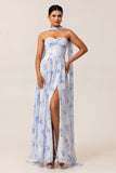 Blue Flower A-Line Strapless Chiffon Print Convertible Long Bridesmaid Dress with Slit