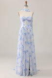 Blue Flower A-Line Strapless Chiffon Print Convertible Long Bridesmaid Dress with Slit