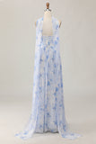 Blue Flower A-Line Strapless Printed Maxi Dress with Slit