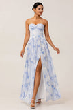 Blue Flower A-Line Strapless Printed Maxi Dress with Slit
