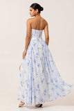 Blue Flower A-Line Strapless Printed Maxi Dress with Slit