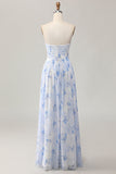 Blue Flower A-Line Strapless Printed Maxi Dress with Slit