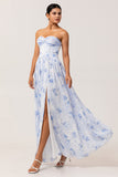 Blue Flower A-Line Strapless Chiffon Print Convertible Long Bridesmaid Dress with Slit