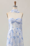 Blue Flower A-Line Strapless Printed Maxi Dress with Slit