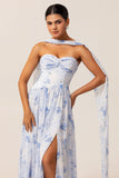 Blue Flower A-Line Strapless Chiffon Print Convertible Long Bridesmaid Dress with Slit