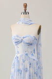 Blue Flower A-Line Strapless Printed Maxi Dress with Slit