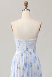 Blue Flower A-Line Strapless Printed Maxi Dress with Slit