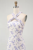 Blue Floral Halter Neck A-Line Tiered Chiffon Midi Bridesmaid Dress