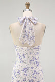 Blue Floral Halter Neck A-Line Tiered Chiffon Midi Bridesmaid Dress