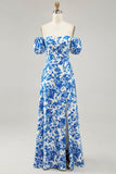 Blue Flower A-line Off The Shoulder Long Bridesmaid Dress with Slit