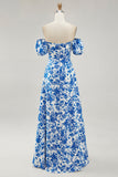Blue Flower A-line Off The Shoulder Long Bridesmaid Dress with Slit