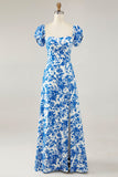 Blue Flower A-line Off The Shoulder Long Bridesmaid Dress with Slit