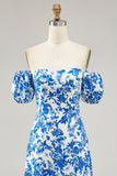 Blue Flower A-line Off The Shoulder Long Bridesmaid Dress with Slit
