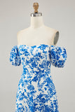 Blue Flower A-line Off The Shoulder Long Bridesmaid Dress with Slit