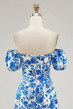 Blue Flower A-line Off The Shoulder Long Bridesmaid Dress with Slit