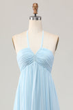 Sky Blue A Line Halter Long Wedding Guest Dress with Lace Up Back