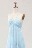 Sky Blue A Line Halter Long Wedding Guest Dress with Lace Up Back