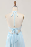 Sky Blue A Line Halter Long Wedding Guest Dress with Lace Up Back