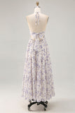 Blue Flower A-Line Halter Chiffon Midi Dress with Lace Up Back