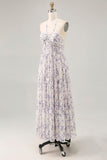 Blue Flower A-Line Halter Chiffon Midi Dress with Lace Up Back