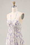 Blue Flower A-Line Halter Chiffon Midi Dress with Lace Up Back