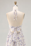 Blue Flower A-Line Halter Chiffon Midi Dress with Lace Up Back
