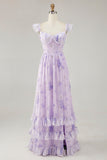 Lavender A-line Corset Lace Up Back Print Long Bridesmaid Dress with Slit