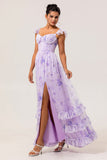 Lavender Floral A-Line Corset Ruffle Sleeves Chiffon Print Long Bridesmaid Dress with Slit