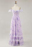 Lavender Floral A-Line Corset Ruffle Sleeves Chiffon Print Long Bridesmaid Dress with Slit
