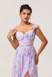 Lavender Floral A-Line Corset Ruffle Sleeves Chiffon Print Long Bridesmaid Dress with Slit