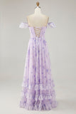 Lavender A-line Corset Lace Up Back Print Long Bridesmaid Dress with Slit