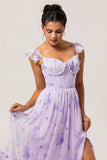 Lavender Floral A-Line Corset Ruffle Sleeves Chiffon Print Long Bridesmaid Dress with Slit