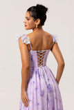 Lavender Floral A-Line Corset Ruffle Sleeves Chiffon Print Long Bridesmaid Dress with Slit