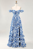 Blue Flower A-line Off The Shoulder Ruched Long Bridesmaid Dress with Slit