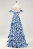 Blue Flower A-line Off The Shoulder Ruched Long Bridesmaid Dress with Slit