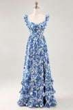 Blue Flower A-line Off The Shoulder Ruched Long Bridesmaid Dress with Slit