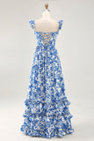 Blue Flower A-line Off The Shoulder Ruched Long Bridesmaid Dress with Slit
