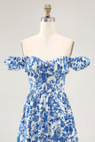Blue Flower A-line Off The Shoulder Ruched Long Bridesmaid Dress with Slit