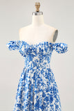 Blue Flower A-line Off The Shoulder Ruched Long Bridesmaid Dress with Slit