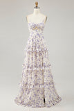 Purple Flower A-line Cut Out Long Chiffon Bridesmaid Dress with Slit