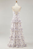 Purple Flower A-line Cut Out Long Chiffon Bridesmaid Dress with Slit