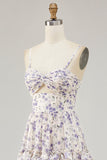 Purple Flower A-line Cut Out Long Chiffon Bridesmaid Dress with Slit