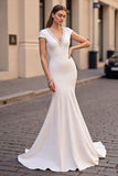 Ivory Mermaid Long Wedding Dress with Cap Sleeves