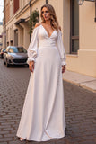 Cold Shoulder Ivory A Line Wedding Dress with Long Sleeves