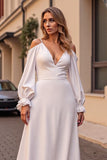 Cold Shoulder Ivory A Line Wedding Dress with Long Sleeves