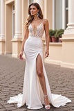 Mermaid Ivory Spaghetti Straps Wedding Dress with Slit